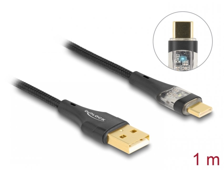 Imagine Cablu USB 2.0-A la USB type C T-T Fast Charging 60W 1m brodat Negru, Delock 80760